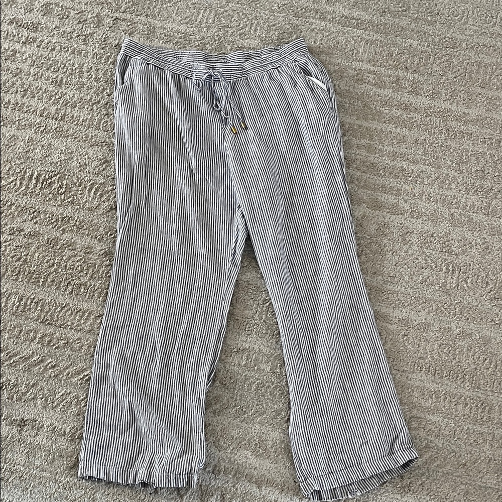 Eileen Tracy Navy and White Linen Blend Striped Cropped Drawstring Pants Large